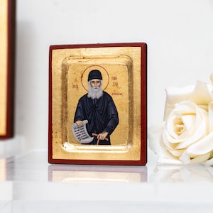 Saint Paisios the Athonite - Mount Athos in Small Wooden Icon with  Aging Technique in Golden Leaf . Byzantine art With amazing details.