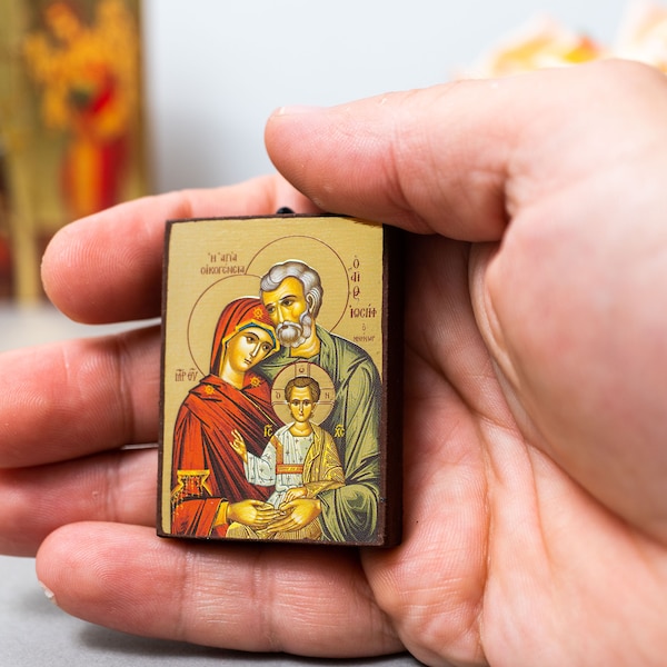 Kleine orthodoxe Ikonen aus Holz in Premium-Qualität mit der Heiligen Familie byzantinischer Kunst, Wandbehang erstaunliche Idee für orthodoxes Geschenk.