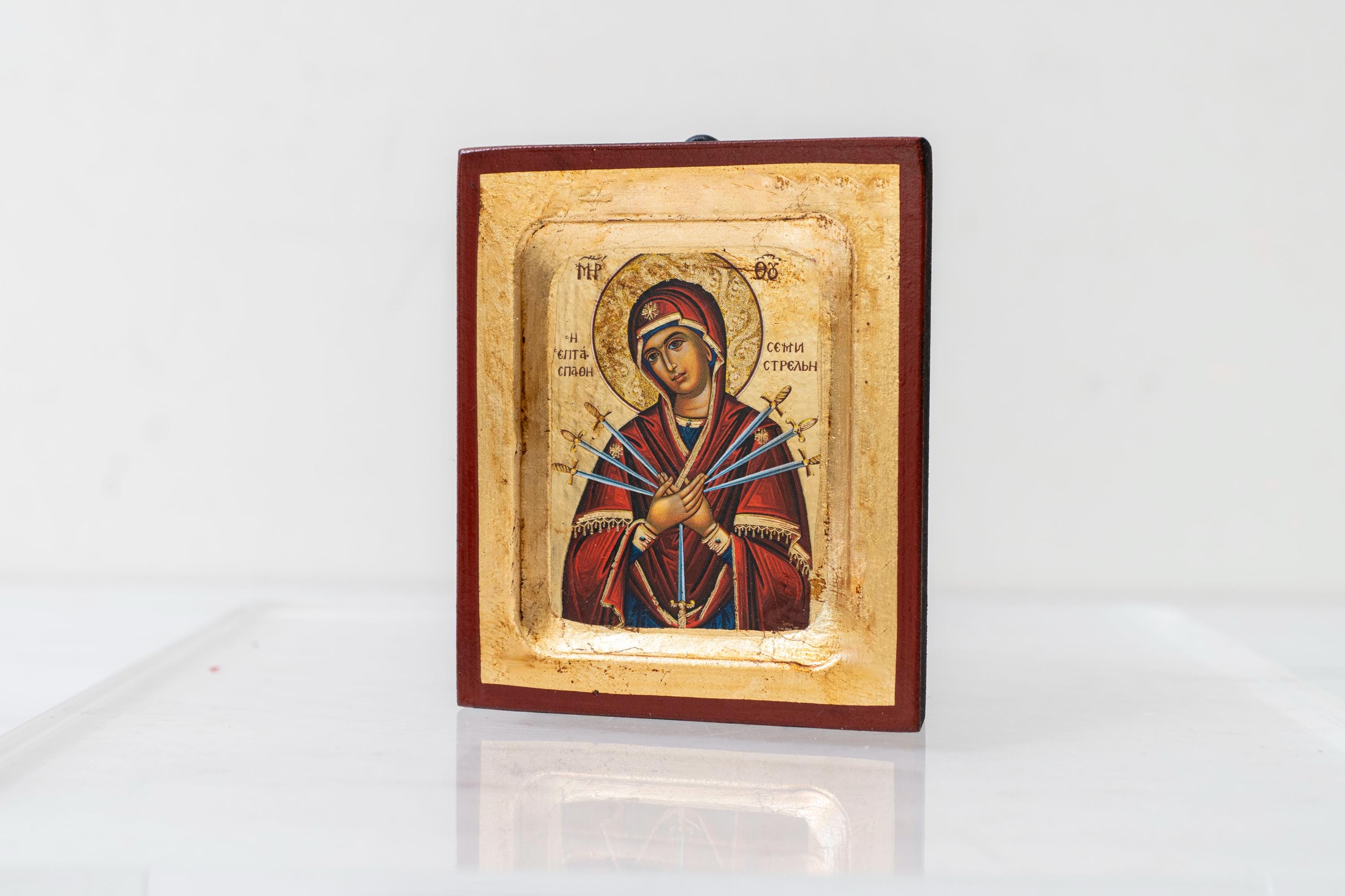 Virgin Mary of Sorrows (seven Sword) in Small Wooden Handmade Icon With ...