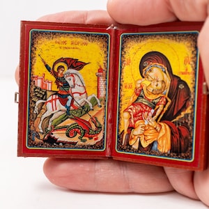 Diptych Icon With Saint George and Virgin Mary Looks  like a small Gospel, Greek Orthodox Icon Diptych, Home Decor..