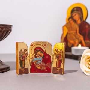 Miniature Carved Wood Triptych Icons With Virgin Mary Sweet kiss and Angelic Presence on the Doors , Home Decor.