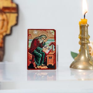 Saint Isaac icon Pocket Wooden Christian Icon  on Silk Canvas Intricate Detail Handmade Icon Small Enough toCarry Everywhere