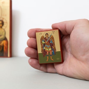 Small Wooden Christian Icon with Archangel Michael ,Byzantine Greek art wall hanging in Golden Leaf with amazing details in premium case.