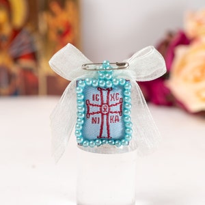 Greek Orthodox Protection Amulet, Filakto with ICXC NIKA Light Blue Color and Blue ribbon  - From Monastery in Tinos Island.In a gift box.