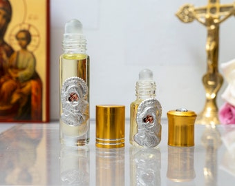 Myrrh Anointing Oil From Tinos Holy Island with metal Icon of Virgin Mary Sweet kiss 1Pcs - A Gift of Faith