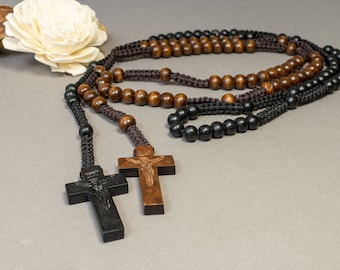 Authentic Rosary Necklace with Wood Cross carved the image of the Crucifixion,Rosary wood, prayer rosary, religious necklace.