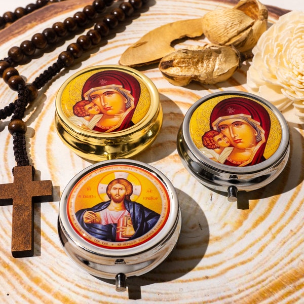 Round Pill Box with Velvet Pouch and Orthodox Icon of Virgin Mary or Jesus Christ religious gift, portable travel , pill organize