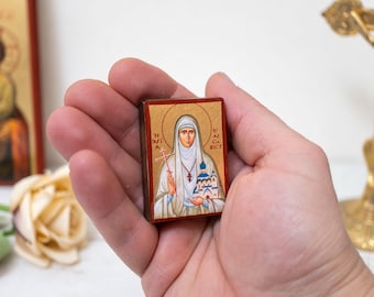 Saint Elizabeth Pocket Wooden Christian Icon on Silk Canvas Handmade, Fits in Your Palm