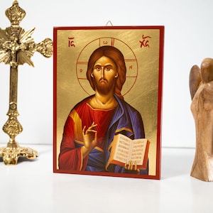 The Jesus Christ the Blessing (Ο Ευλογων)  Byzantine art wall hanging icon on wood plaque, religious gift.