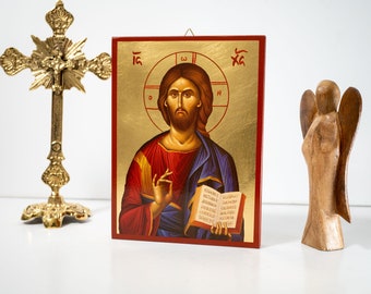 The Jesus Christ the Blessing (Ο Ευλογων)  Byzantine art wall hanging icon on wood plaque, religious gift.