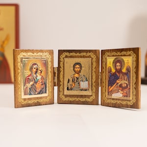 Small Wooden Triptych Icon Jesus Christ, Virgin Mary, and Saint John Baptism with Amazing details on Icons  - Perfect Gift
