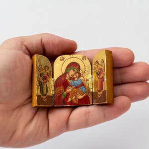 Miniature Carved Wood Triptych Icons With Virgin Mary Sweet Kiss and ...