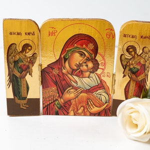 Icono tríptico de madera con Virgen María y ángeles, tríptico de icono ortodoxo griego, decoración del hogar.