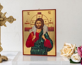 The Jesus Christ The Good Shepherd  (Καλός Ποιμήν) Byzantine art wall hanging icon on wood plaque, religious gift.
