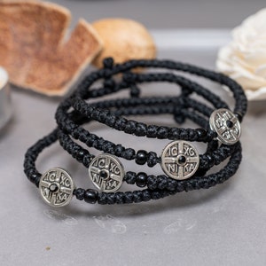 Unisex Handmade Komboskini with metal ICXC seal in Black Colour Orthodox Bracelet, Waxed Thread with Beads