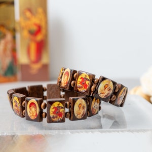 Orthodox Wooden Bracelet Brown color with icons (1Pcs), Saint Bracelet, Christian Bracelet, Protection Bracelet