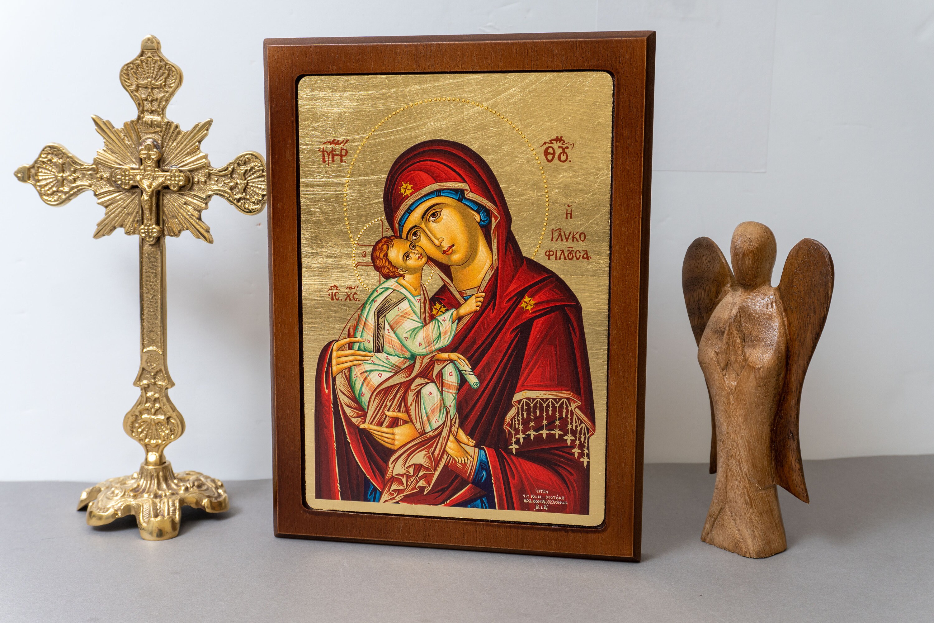 Exquisite Orthodox Silkscreen Icon The Virgin Mary's Sweet Kiss, Encased in a Superior Quality Wooden Frame with Astonishing Detail