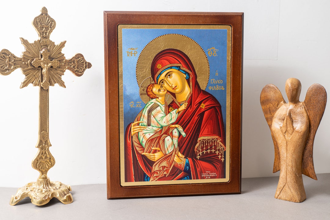 Virgin Mary Sweet Kiss Icon – on Silk Golden Canvas in Wooden Frame ...