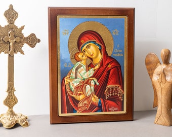 Exquisite Orthodox Silkscreen Icon with  The Virgin Mary's Sweet Kiss in blue Background Encased in a Superior Quality Wooden Frame.