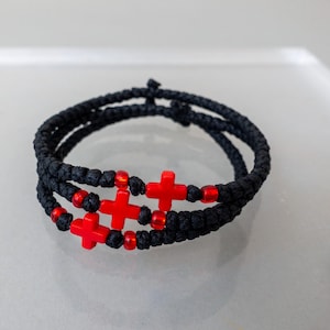 Unisex Handmade Komboskini in Black Colour with Red small cross (1Pcs) Orthodox Bracelet, Waxed Thread with Beads - Christian Gift.