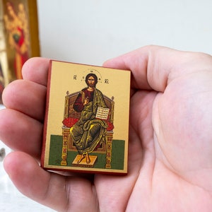 Pocket Wooden Christian Icon with Jesus Christ Enthroned , in Premium quality Handmade Icon in Golden Leaf.