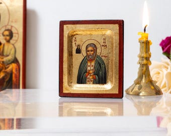 Saint Seraphim Small Handmade Wooden Icon with Aging Technique & Gold Leaf