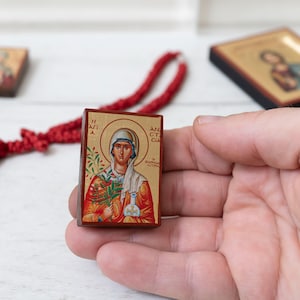 Saint Anastasia the Healer handmade Pocket Wooden  Icon  on Silk Canvas Intricate Detail Handmade Icon Small Enough to Carry Everywhere.