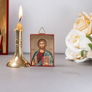 Small  Wooden Christian Icon with The Jesus Christ &quot;Pantocrator&quot; , Byzantine Greek art in Golden Leaf with amazing details.