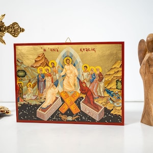 The Resurrection of Jesus Christ, Byzantine art wall hanging icon on wood plaque, religious gift.