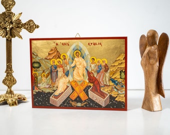 The Resurrection of Jesus Christ, Byzantine art wall hanging icon on wood plaque, religious gift.