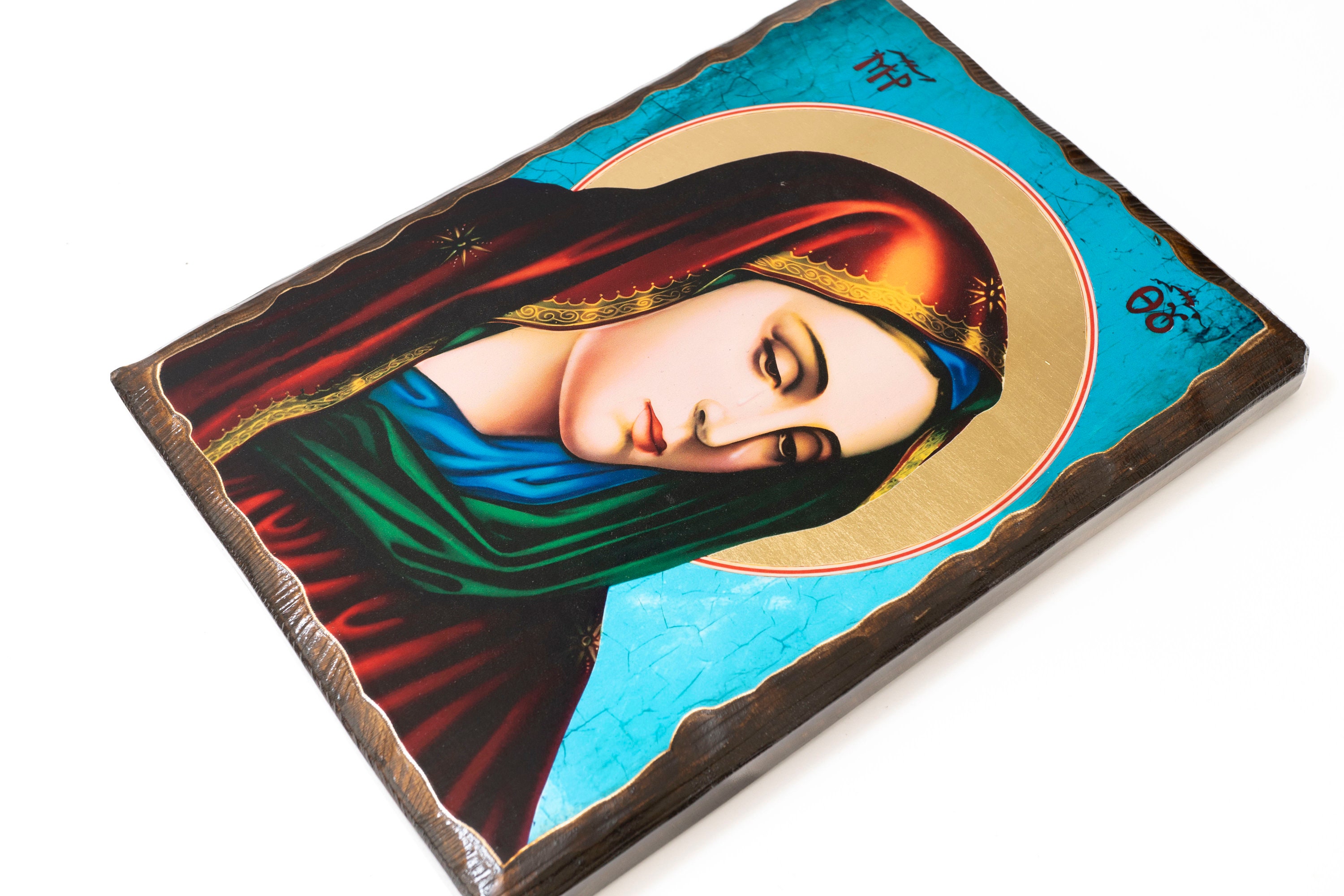 Theotokos  Supplicating Neoclassical Art wall hanging icon on wood plaque with golden leaf halo around her religious gift.