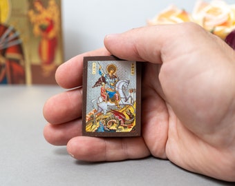 Small  Wooden Orthodox Icons with Saint George (Άγιος Γεώργιος), Byzantine Greek art gold and carved silver tones ,amazing idea for gift.
