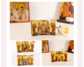Miniature Wood Triptych Icons With Life of Jesus Christ, Greek Orthodox Icon Triptych, Home Decor.
