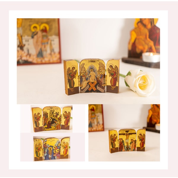 Miniature Wood Triptych Icons With Life of Jesus Christ, Greek Orthodox Icon Triptych, Home Decor.