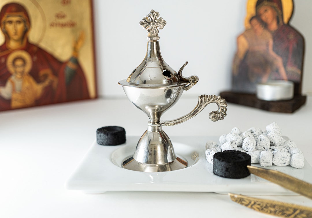 Small Brass Nickel Incense Burner Full Set With Tong Charcoals and