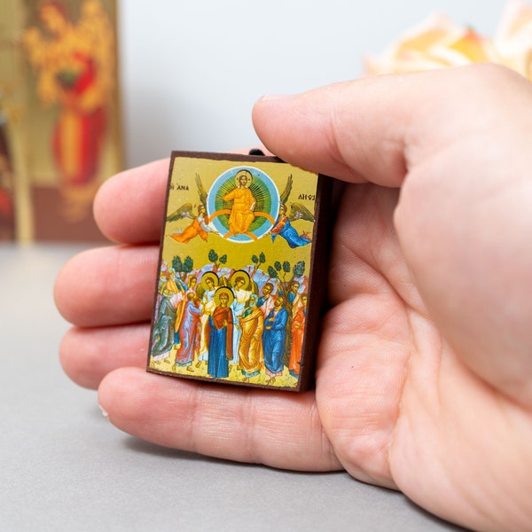 Petites icônes orthodoxes en bois avec l'Ascension de Jésus, suspension murale d'art grec byzantin, une idée incroyable pour un cadeau orthodoxe.