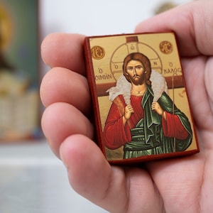 Small Wooden Christian Icon with Jesus Christ the Good Shepherd in Premium quality Handmade Icon with Gold in Gold Leaf ,Byzantine Art.