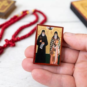 Saints Paisios - Saint Arsenios Pocket Wooden Christian Icon on Silk Canvas Intricate Detail Handmade Icon Small Enough to Carry Everywhere.