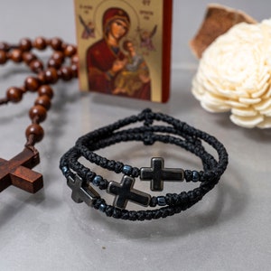 Unisex Handmade Komboskini in Black Colour with Black cross (1Pcs) Orthodox Bracelet, Waxed Thread with Beads - Christian Gift.