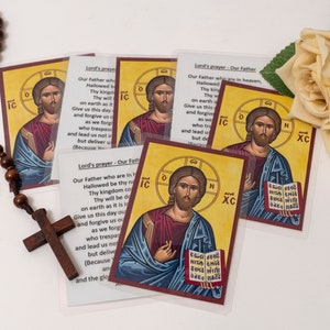 Orthodoxe gelamineerde kaarten met Jezus Christus en het Onze Vader (in het Engels) van achteren, set van 10 heilige kaarten, pictogrammen op zakformaat
