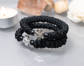 Prayer Rope elastic Komboskini in Black color (1Pcs)  with Black Beads and metallic Element - Christian Gift