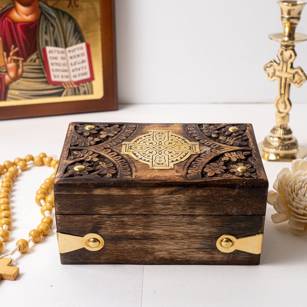 Christian Handmade Carved Wooden Box with Brass Cross and Elements - A Decorative Box Perfect for Faith-Inspired Keepsakes
