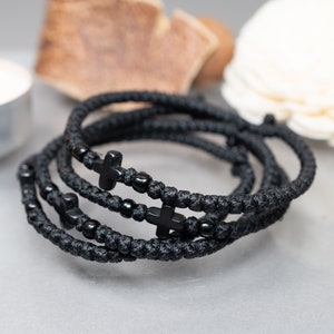 Unisex Handmade Komboskini in Black Colour with Black cross Orthodox Bracelet, Waxed Thread with Beads