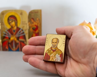 Small  Wooden Christian Icon with The Saint Nicholas , Byzantine Greek art wall hanging in Golden Leaf with amazing details..
