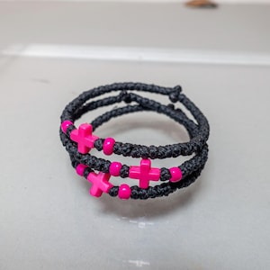 Children&#39;s Handmade Komboskini in Black Colour with Pink cross (1Pcs) Orthodox Bracelet, Waxed Thread with Beads - Christian Gift.