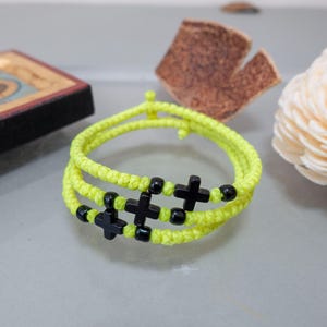 Unisex Handmade Komboskini in Yellow Colour with Black cross (1Pcs) Orthodox Bracelet, Waxed Thread with Beads - Christian Gift.