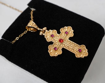 Christian necklace cross with precious stones  made of Stainless Steel gold-plated in a luxurious velvet case.A perfect Gift.