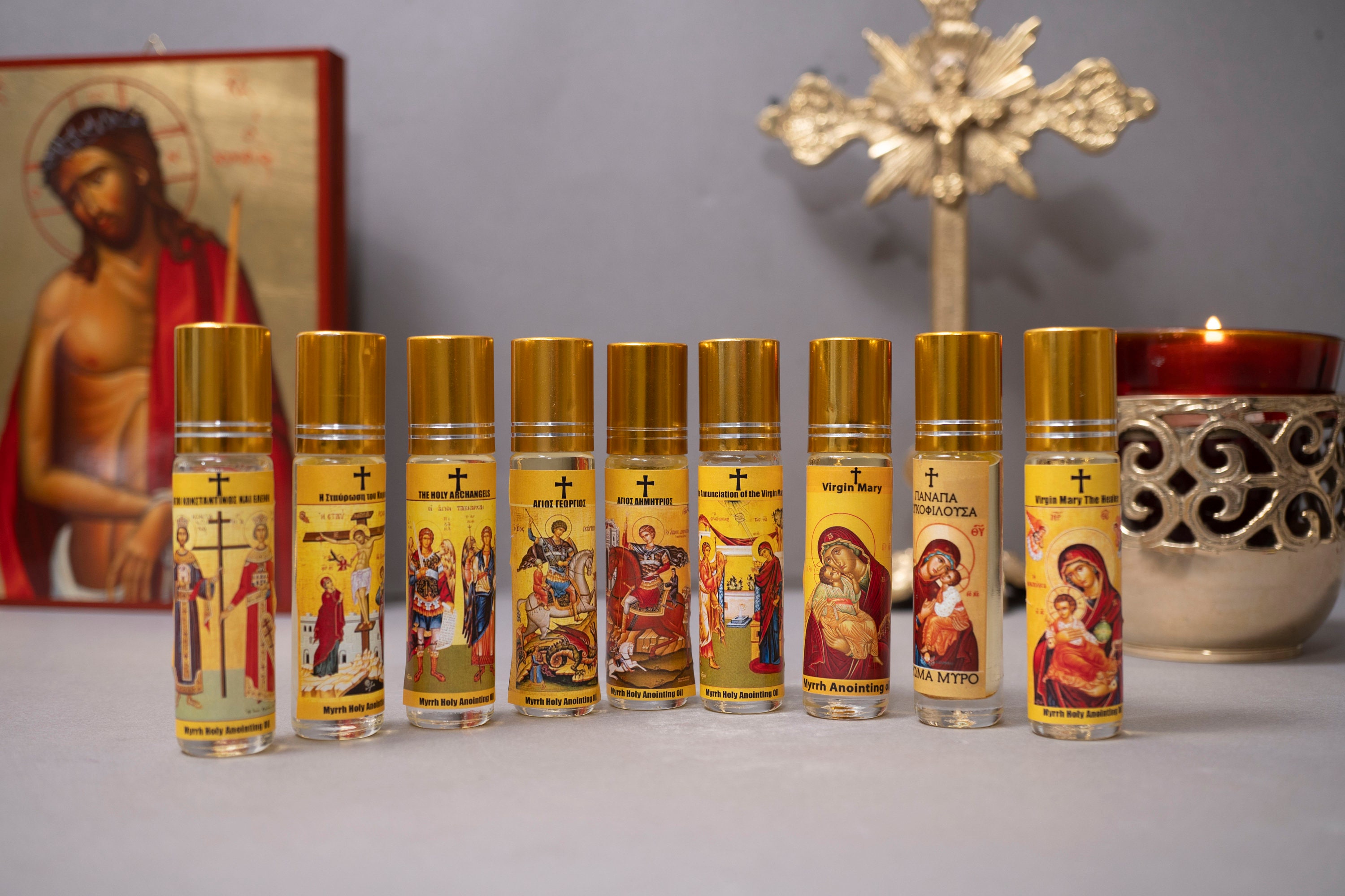 Myrrh Anointing Oil From Mount Athos  with icon of Virgin Mary or Saints 1Pcs - A Gift of Faith