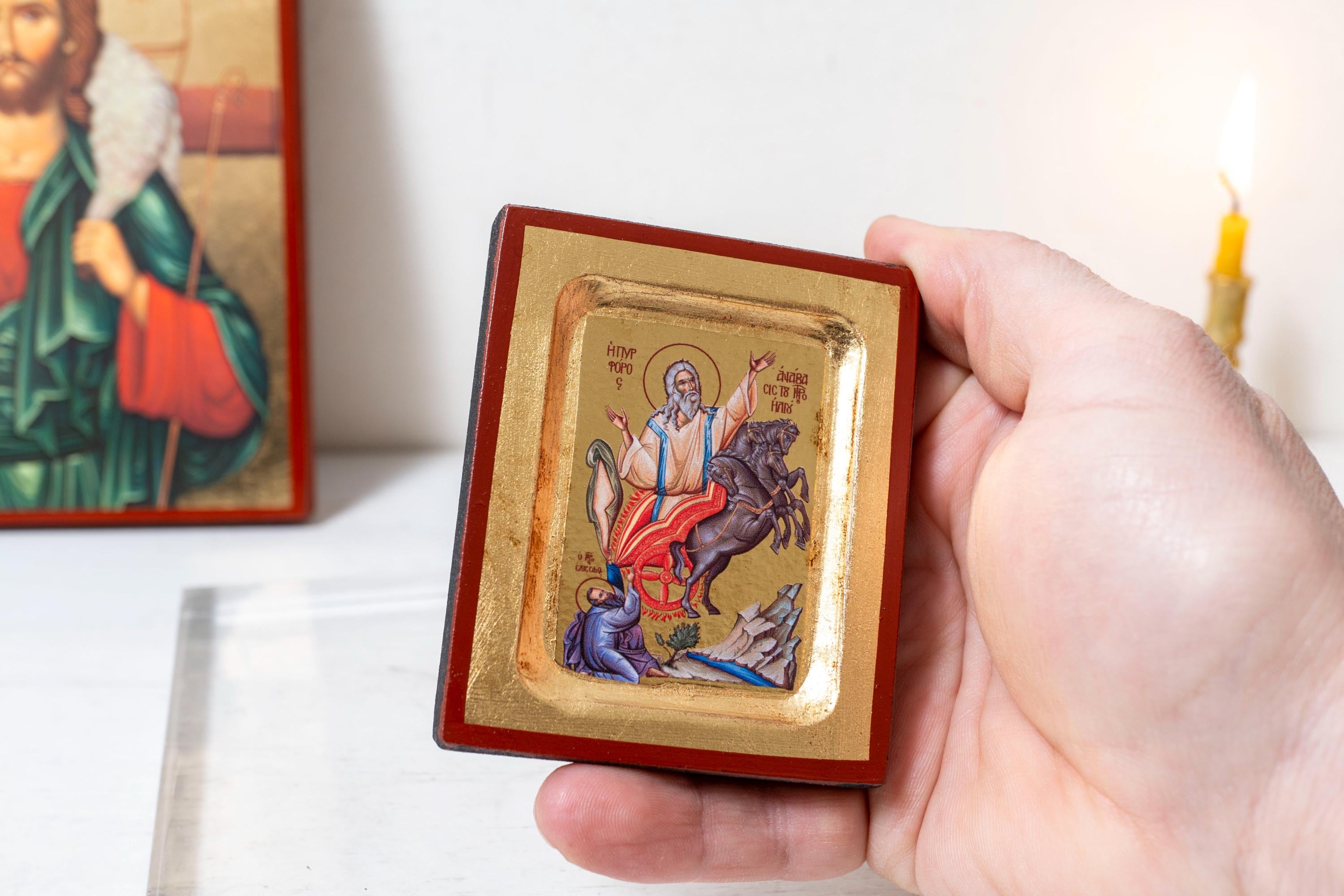 Prophet Elijah handmade Wooden Icon Byzantine Art in Gold Leaf