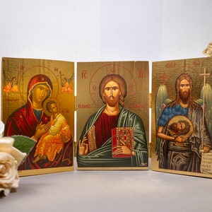 Orthodox Wooden Carved Triptych with  Virgin Mary Amolyntos - Jesus Christ and Saint John  .